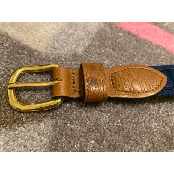 Zep-Pro Belt Mens 32 Boys Canvas Leather Brass Blue Game Fish Fishing USA Made - Picture 2 of 16